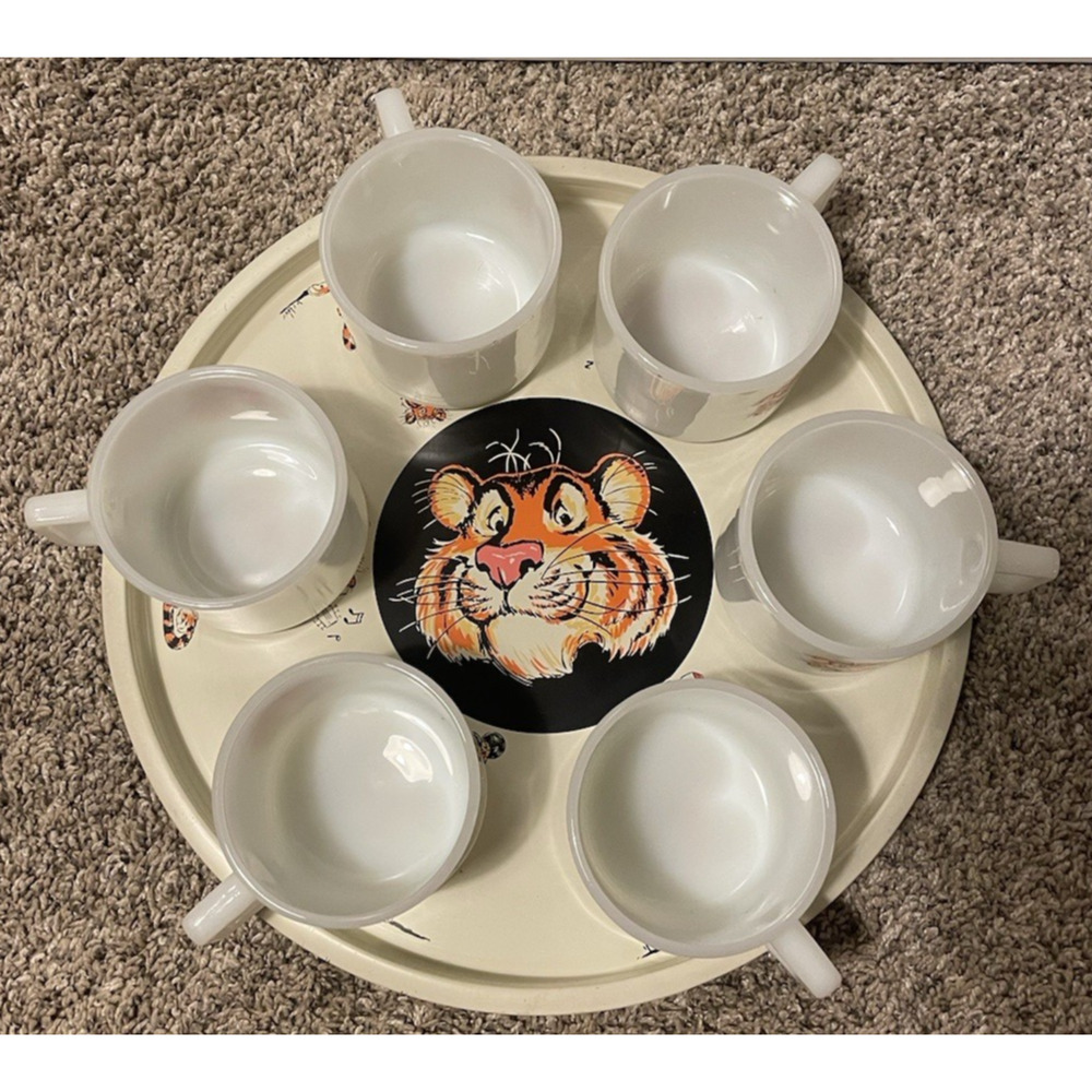 Vintage Fire King 1960 TIGER TIN TRAY w 6 Tiger COFFEE CUPS Mugs